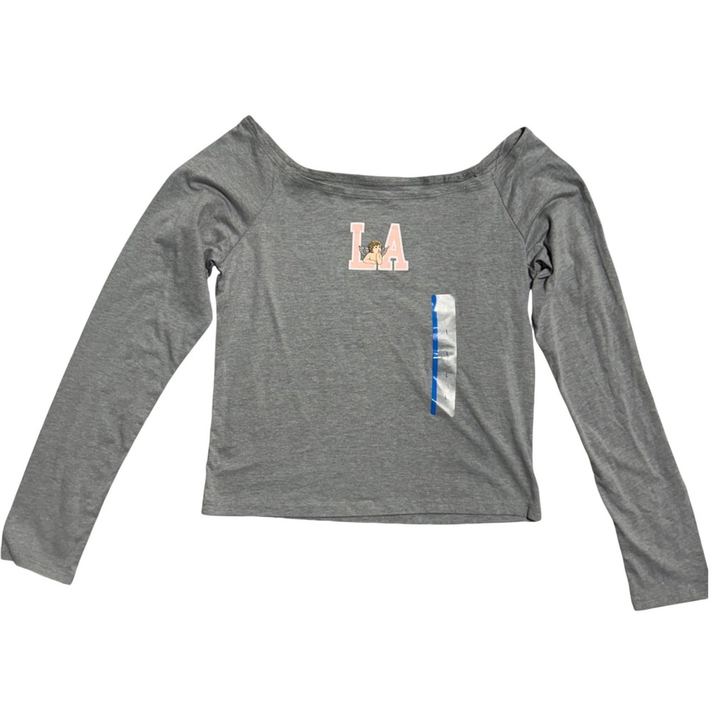 MODERNLUX LA Cherub‎ Graphic Long Sleeve Off Shoulder Cropped Top Shirt Womens L